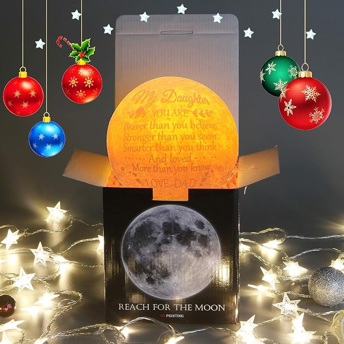 Personalized Gifts Engraved 3D Moon Lamp Night Light for Daughter with Wood Stand,Cool Lamps to Teenage Girl Room Decor, Daughter Gifts Nightlight from Dad - LeafyLoom
