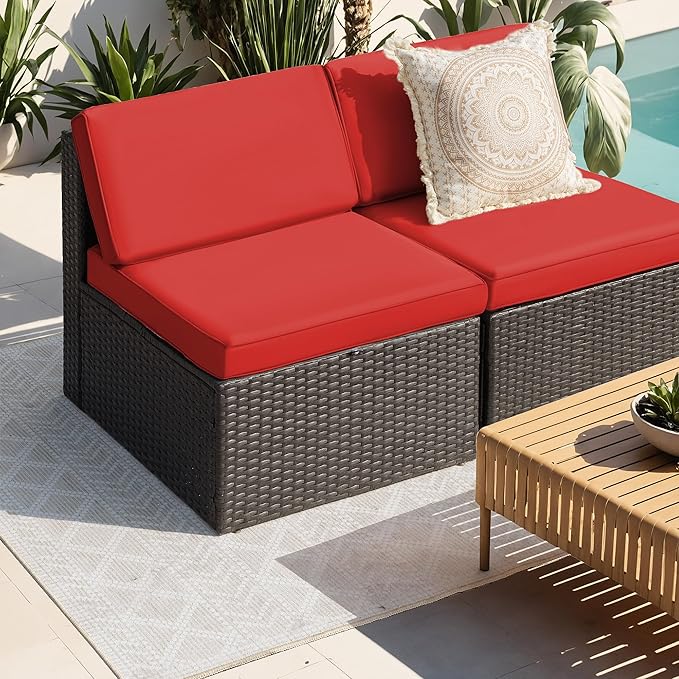 Greesum 2 Piece Patio Conversation Set Wicker Rattan Furniture Outdoor Sofa with Cushions,Pillows and Glass Table for Porch,Lawn and Yard, Red - LeafyLoom