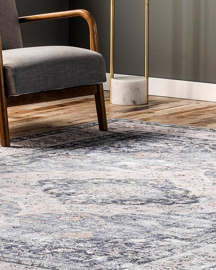 nuLOOM Elsa Floral Blossom Machine Washable Ultra Thin Area Rug, 4' x 6', Blue - LeafyLoom