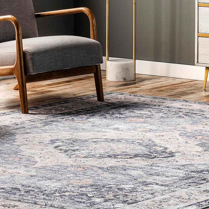 nuLOOM Elsa Floral Blossom Machine Washable Ultra Thin Area Rug, 4' x 6', Blue - LeafyLoom