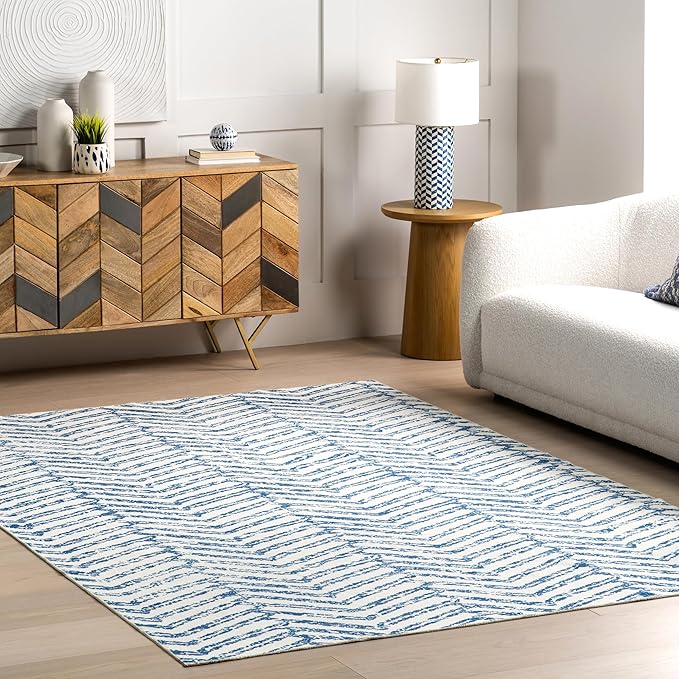 nuLOOM Rosanne Machine Washable Geometric Ultra Thin Area Rug, 9' x 12', Blue - LeafyLoom