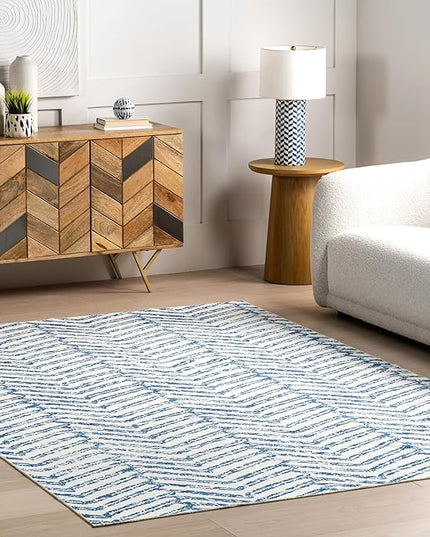 nuLOOM Rosanne Machine Washable Geometric Accent Rug, 3' x 5', Blue, Rectangular, 0.1" Thick - LeafyLoom