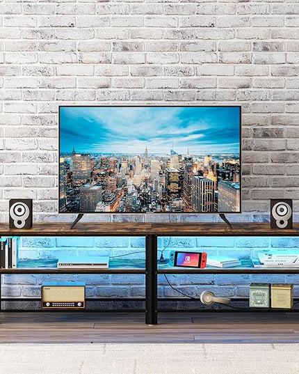 Clikuutory Modern Brown 71 inch Metal TV Stand with LED Lights and Power Outlets for 50 60 65 70 75 80 Inch TVs, 3 Tier Television Stands with Entertainment Center and Storage for Living Room, Bedroom - LeafyLoom