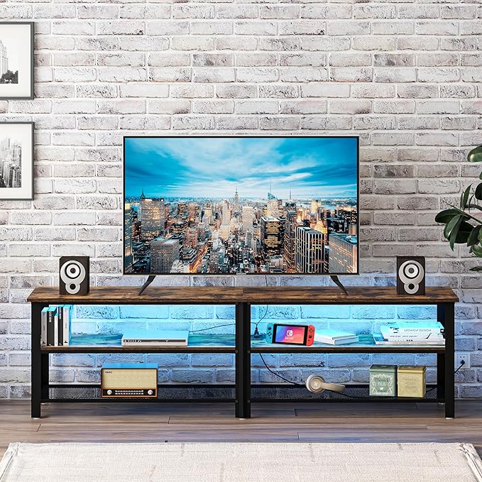 Clikuutory Modern Brown 71 inch Metal TV Stand with LED Lights and Power Outlets for 50 60 65 70 75 80 Inch TVs, 3 Tier Television Stands with Entertainment Center and Storage for Living Room, Bedroom - LeafyLoom