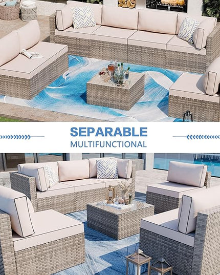 Shintenchi 7 Pieces Outdoor Patio Sectional Sofa Couch,Natural PE Wicker Furniture Conversation Sets with Washable Cushions & Glass Coffee Table for Garden, Poolside, Backyard (Khaki) - LeafyLoom