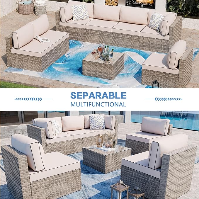 Shintenchi 7 Pieces Outdoor Patio Sectional Sofa Couch,Natural PE Wicker Furniture Conversation Sets with Washable Cushions & Glass Coffee Table for Garden, Poolside, Backyard (Khaki) - LeafyLoom