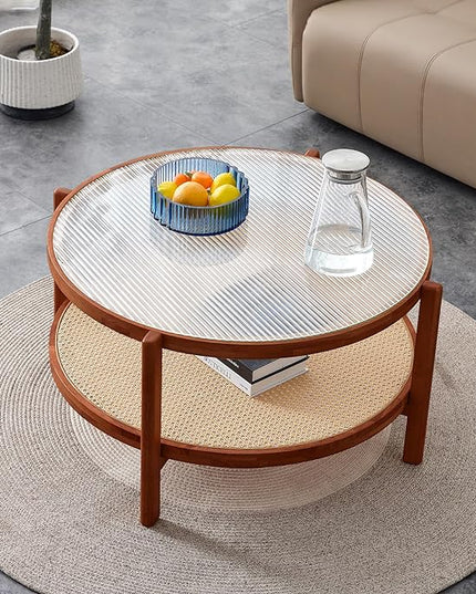 NicBex Dining Table Round Kitchen Table Contemporary Modern Minimalist Circular Double-Layer Solid Wood Coffee Table, Craft Glass Tabletop, Rattan, Solid Wood Frame, Walnut - LeafyLoom