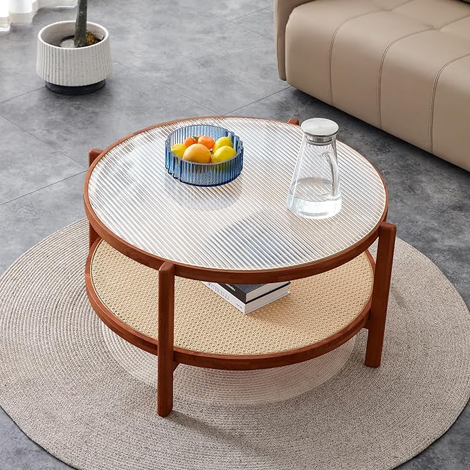 NicBex Dining Table Round Kitchen Table Contemporary Modern Minimalist Circular Double-Layer Solid Wood Coffee Table, Craft Glass Tabletop, Rattan, Solid Wood Frame, Walnut - LeafyLoom