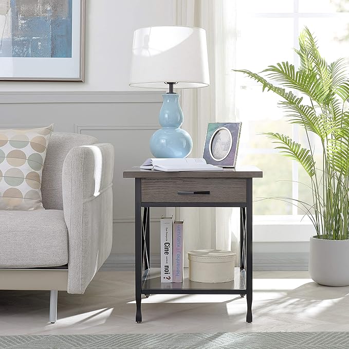 Leick Home 23007 Chisel & Forge One Drawer X Design Mixed Metal and Wood Side Table with Shelf, Smoke Gray and Matte Black, 22 in x 24 in x 24 in - LeafyLoom