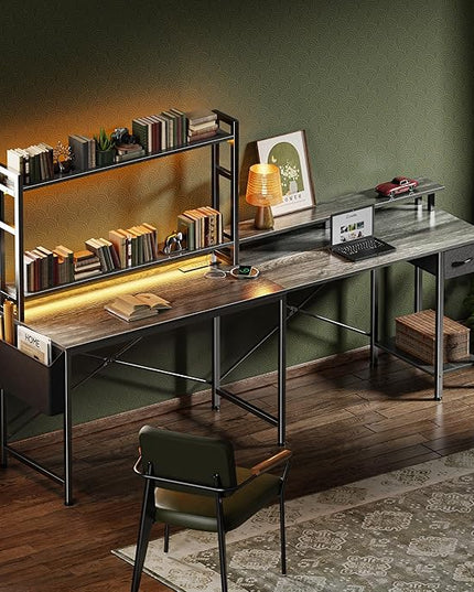 L Shaped Desk Computer Desk with LED Lights & Power Outlets, Gaming Desk with Storage Shelves, Corner Desk Home Office Desks for Bedroom, Grey - LeafyLoom