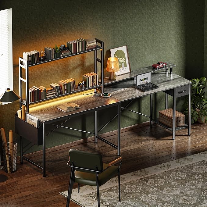 L Shaped Desk Computer Desk with LED Lights & Power Outlets, Gaming Desk with Storage Shelves, Corner Desk Home Office Desks for Bedroom, Grey - LeafyLoom