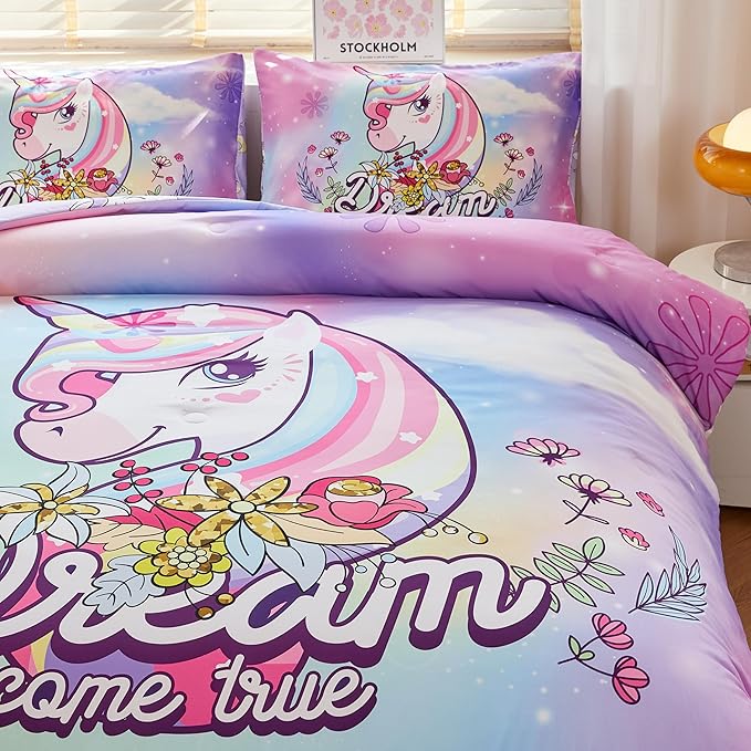 Unicorn Comforter Twin,Girls Pink Comforter Set,Kids Twin Comforter Set for Girls,Teen Girl Purple Unicorn Bedding Set Twin,Unicorn Room Decor with 2 Pillowcases - LeafyLoom