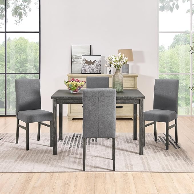 RITSU 5 Piece Kitchen Dining Set, Small Rectangular Table with Storage Shelf and 4 Upholstered Chairs, for Farmhouse, Apartment, Restaurant, Gray - LeafyLoom