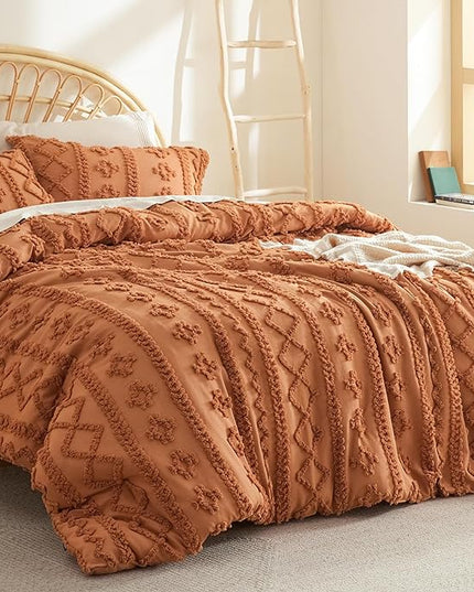 Bedsure Tufted Boho Comforter Set Queen - Pumpkin Boho Bedding Comforter Set, 3 Pieces Farmhouse Shabby Chic Embroidery Bed Set, Soft Jacquard Comforter for Women Men Girls - LeafyLoom