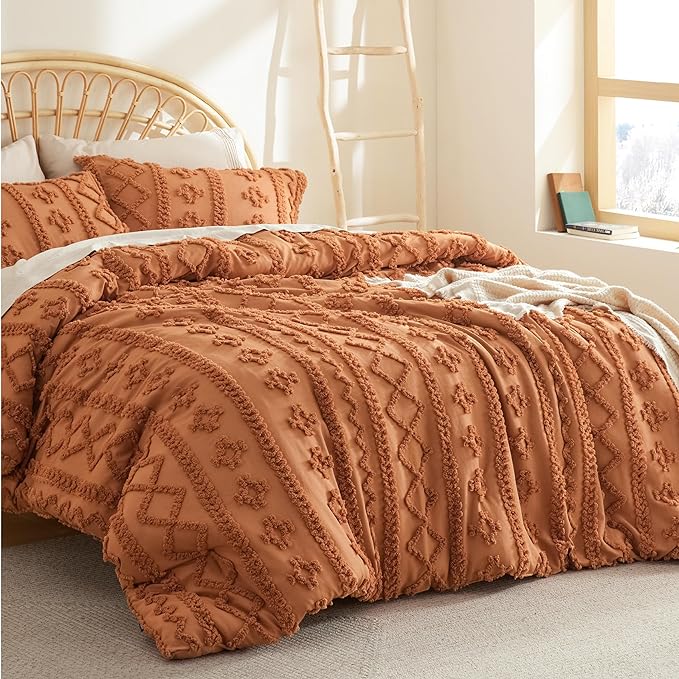 Bedsure Tufted Boho Comforter Set Queen - Pumpkin Boho Bedding Comforter Set, 3 Pieces Farmhouse Shabby Chic Embroidery Bed Set, Soft Jacquard Comforter for Women Men Girls - LeafyLoom
