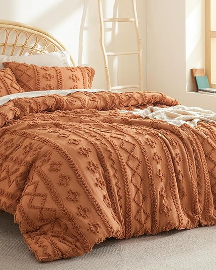 Bedsure Tufted Boho Comforter Set Full - Pumpkin Boho Bedding Comforter Set, 3 Pieces Farmhouse Shabby Chic Embroidery Bed Set, Soft Jacquard Comforter for Women Men Girls - LeafyLoom