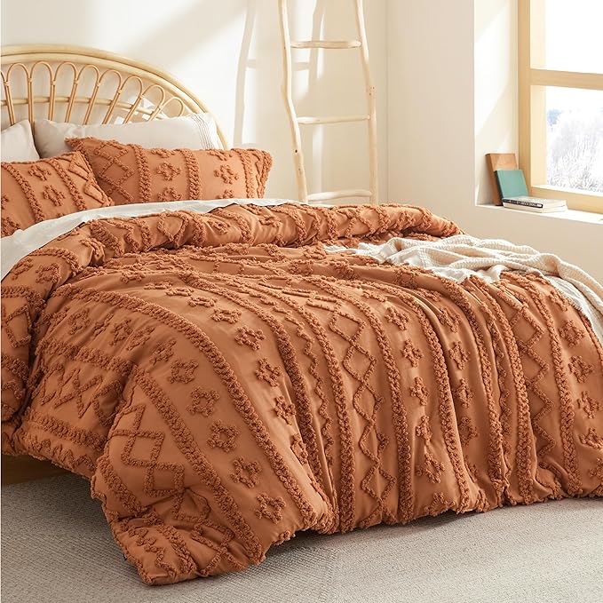 Bedsure Tufted Boho Comforter Set Full - Pumpkin Boho Bedding Comforter Set, 3 Pieces Farmhouse Shabby Chic Embroidery Bed Set, Soft Jacquard Comforter for Women Men Girls - LeafyLoom