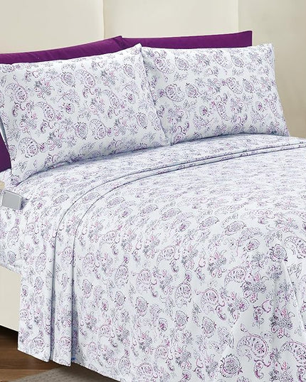Elegant Comfort Softest and Coziest 6-Piece Sheet Set - 1500 Premium Hotel Quality Microfiber - Deep Pocket, Wrinkle Resistant 6-Piece Paisley Pattern Bed Sheet Set, Queen, Paisley Purple - LeafyLoom