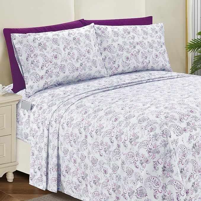 Elegant Comfort Softest and Coziest 6-Piece Sheet Set - 1500 Premium Hotel Quality Microfiber - Deep Pocket, Wrinkle Resistant 6-Piece Paisley Pattern Bed Sheet Set, Queen, Paisley Purple - LeafyLoom