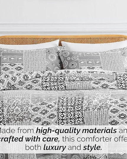 Southshore Fine Living, Inc. Full/Queen Size Comforter Bedding Set with Pillow Shams, Reversible Global Patchwork Quilt is 2 Colors in 1 - Alternative Down Comforter Queen/Full, Grey & White - LeafyLoom