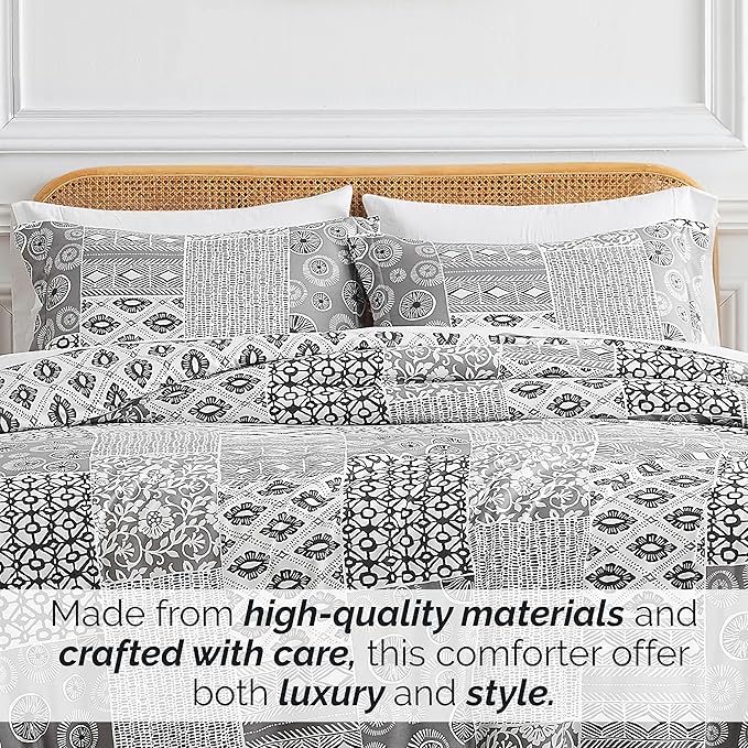 Southshore Fine Living, Inc. Full/Queen Size Comforter Bedding Set with Pillow Shams, Reversible Global Patchwork Quilt is 2 Colors in 1 - Alternative Down Comforter Queen/Full, Grey & White - LeafyLoom