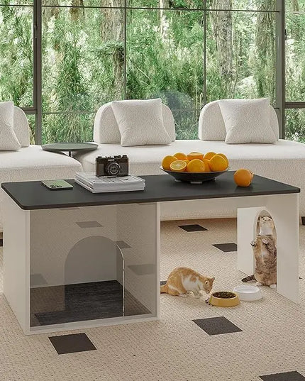 ChooChoo Farmhouse Coffee Table, Cocktail Table Wooden Modern Coffee Table with Opening Cat House for Accent Furniture for Living Room, Meeting Room, Home Decor - LeafyLoom