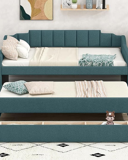 Merax Twin Size Upholstered Daybed with Trundle and Three Storage Drawers, Comfy Sofa-Bed & Padded Backrest for Living Room, Guest Room, Apartments, Both Side Armrests, Solid Wood Slats Support, Green - LeafyLoom