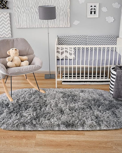 Noahas Oval Fluffy Grey Rainbow Rug 2.6X5.3 Small Kids Rugs for Bedroom Girls And Boys Aesthetic,Bedside Bedroom Rug,Ultra Soft Runner Carpet Modern Shaggy Nursery Area Rugs Home Deco - LeafyLoom