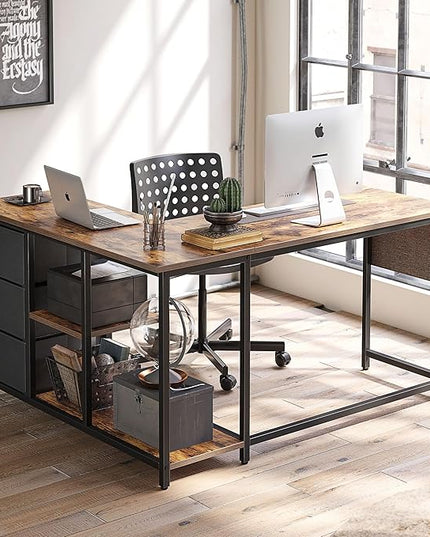Treesland L Shaped Desk with Drawers, Computer Desk with Storage & Shelves, Corner Desk with Storage, Home Office Desks with Drawers, L Shape Desks with Storage, Brown - LeafyLoom