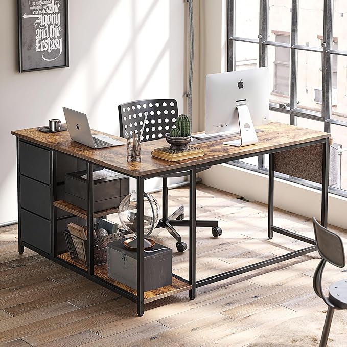 Treesland L Shaped Desk with Drawers, Computer Desk with Storage & Shelves, Corner Desk with Storage, Home Office Desks with Drawers, L Shape Desks with Storage, Brown - LeafyLoom