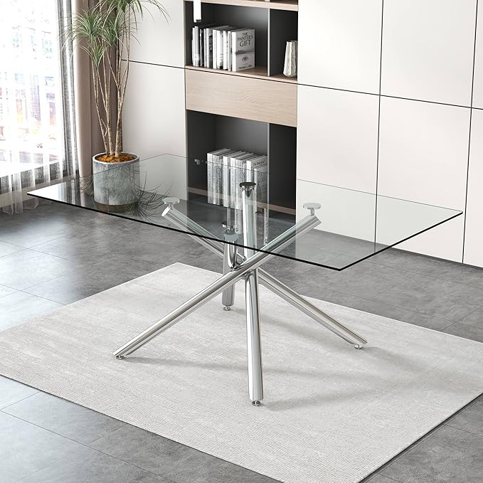 NicBex Large Modern Minimalist Rectangular Glass Dining Table for 6-8 with 0.39" Tempered Glass Tabletop and Silver Chrome Metal Legs for Kitchen Dining Living Meeting Room Banquet Hall, Silver - LeafyLoom