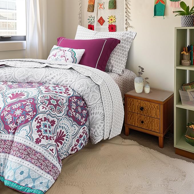 Degrees of Comfort Twin XL Complete Comforter Sets, Lattice Boho Bed in A Bag,Microfiber Bedding Set with Side Pockets, Matching Decorative Pillow, 6 Piece Purple - LeafyLoom