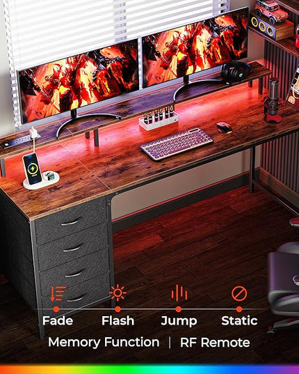 63 Inch Computer Desk with Power Outlets and LED Lights, Gaming Desk with 4 Drawers, Office Desk with Monitor Stand, Study Desk Work Desk for Home Office, Rustic Brown - LeafyLoom