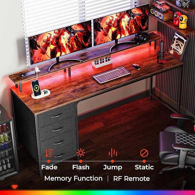 63 Inch Computer Desk with Power Outlets and LED Lights, Gaming Desk with 4 Drawers, Office Desk with Monitor Stand, Study Desk Work Desk for Home Office, Rustic Brown - LeafyLoom