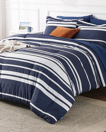 Bedsure Bed in a Bag Twin Size 5 Pieces, Navy White Striped Bedding Comforter Sets All Season Bed Set with 1 Pillow Sham, Flat Sheet, Fitted Sheet and 1 Pillowcase - LeafyLoom