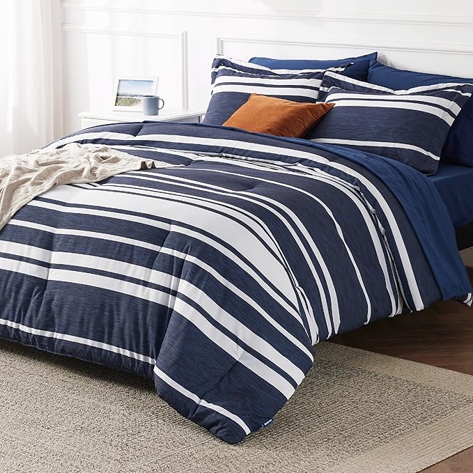 Bedsure Bed in a Bag Twin Size 5 Pieces, Navy White Striped Bedding Comforter Sets All Season Bed Set with 1 Pillow Sham, Flat Sheet, Fitted Sheet and 1 Pillowcase - LeafyLoom