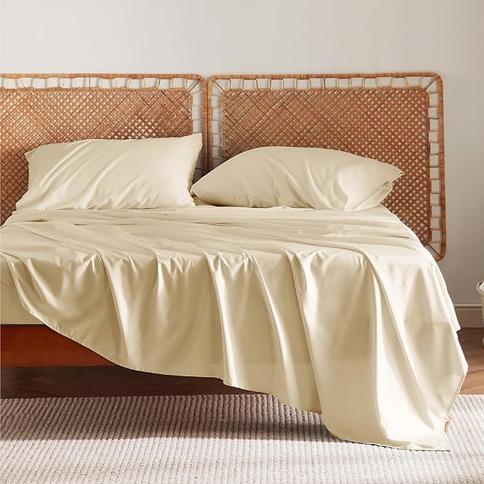 Bedsure California King Sheet Sets, Cooling Sheets, Rayon Derived from Bamboo, Deep Pocket Up to 16", Breathable & Soft Bed Sheets, Hotel Luxury Silky Bedding Sheets & Pillowcases, Alabaster Gleam - LeafyLoom