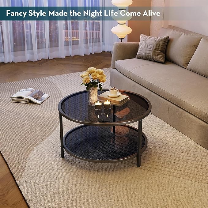 SAYGOER 27.6'' Round Coffee Table 2 Tier Black Glass Coffee Tables with Storage Shelf for Large or Small Space Modern Simple Sofa Table for Living Room Home Office, Easy Assembly… - LeafyLoom