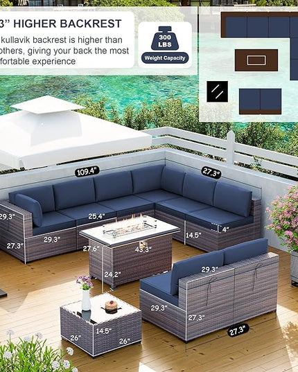 Kullavik 10 Pieces Outdoor Patio Furniture Set with 43" Gas Propane Fire Pit Table PE Wicker Rattan Sectional Sofa Patio Conversation Sets,Navy Blue - LeafyLoom