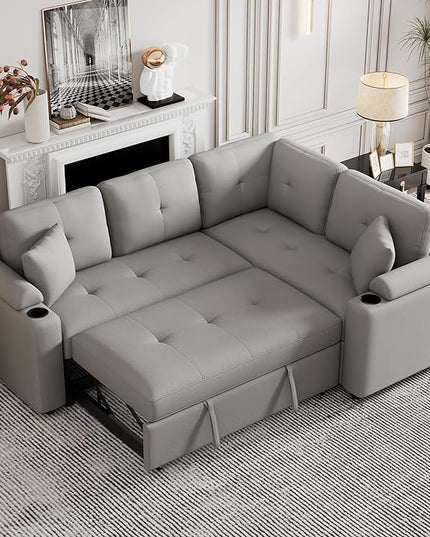 Boucle Upholstered Reversible Sleeper Sectional Sofa with Pull Out Bed , 3 Seater L Shaped Convertible Corner Couch with Cupholders&USB Ports, Power Sockets, Small Pullout Sofabed for Living Room - LeafyLoom