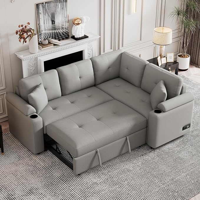 Boucle Upholstered Reversible Sleeper Sectional Sofa with Pull Out Bed , 3 Seater L Shaped Convertible Corner Couch with Cupholders&USB Ports, Power Sockets, Small Pullout Sofabed for Living Room - LeafyLoom