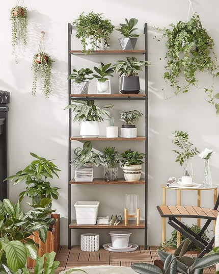 VASAGLE Industrial Ladder Shelf, 5-Tier Bookshelf, Wood Wall Mounted Shelf, Storage Rack Display Shelves for Living Room, Home Office, 23.6 x 11.8 x 67.7 Inches, Rustic Brown and Black ULLS102B01 - LeafyLoom