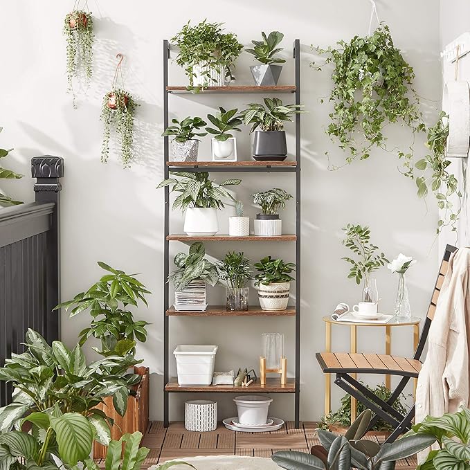 VASAGLE Industrial Ladder Shelf, 5-Tier Bookshelf, Wood Wall Mounted Shelf, Storage Rack Display Shelves for Living Room, Home Office, 23.6 x 11.8 x 67.7 Inches, Rustic Brown and Black ULLS102B01 - LeafyLoom