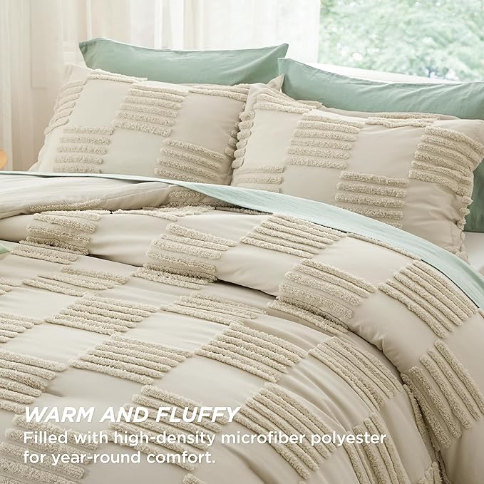 Bedsure Queen Size Comforter Set Linen, Boho Tufted Bedding Comforter Set, Grande Checkered Farmhouse Shabby Chic Bed Set, 3 Pieces, 1 Plaid Geometric Comforter and 2 Pillow Shams - LeafyLoom