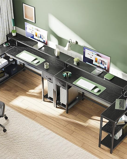 SUPERJARE 53 inch Reversible L Shaped Desk with LED Lights & Power Outlets, Computer Desk with Shelves & Monitor Stand, Gaming Desk with Drawer, Home Office Desk Corner Desk, Black - LeafyLoom