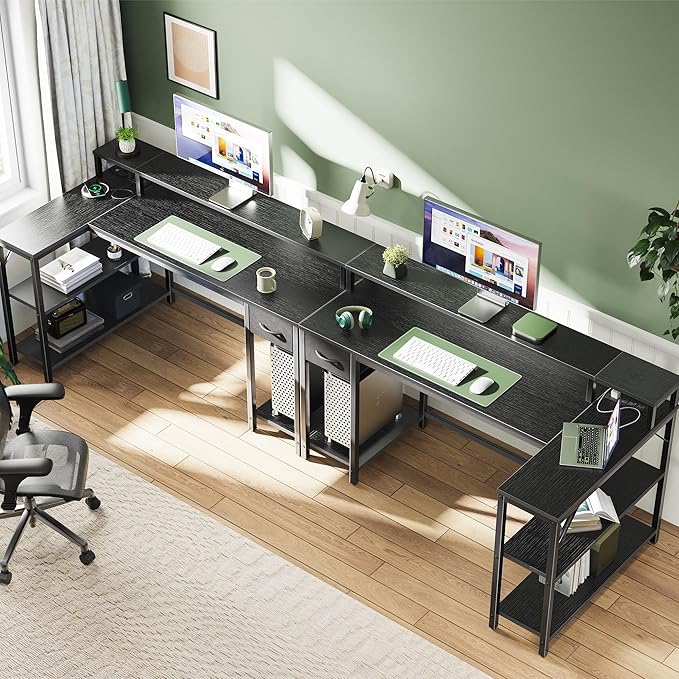 SUPERJARE 53 inch Reversible L Shaped Desk with LED Lights & Power Outlets, Computer Desk with Shelves & Monitor Stand, Gaming Desk with Drawer, Home Office Desk Corner Desk, Black - LeafyLoom