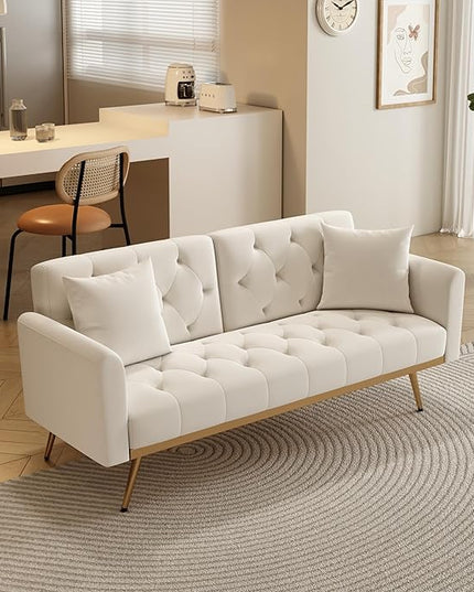 Velvet Upholstered Modern Convertible Futon Couch Folding Sofa Bed Recliner Lounge Loveseat Daybed Sofacama with Adjustable Backrest and Golden Legs for Small RV Living Room Office, Beige 68.3" - LeafyLoom