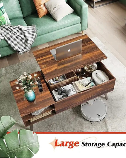 WLIVE Wood Lift Top Coffee Table with Adjustable Storage Shelf and Hidden Compartment, Lift Tabletop Dining Table for Living Room and Office, Rustic Oak - LeafyLoom