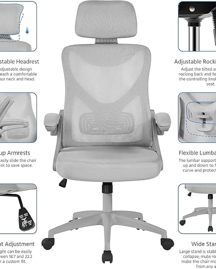 Yaheetech Ergonomic Mesh Office Chair, High Back Desk Chair with with flip-up Armrests, Adjustable Padded Headrest Computer Chair with Lumbar Support for Home Oiffce Game Room, Full Gray - LeafyLoom