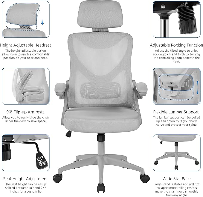 Yaheetech Ergonomic Mesh Office Chair, High Back Desk Chair with with flip-up Armrests, Adjustable Padded Headrest Computer Chair with Lumbar Support for Home Oiffce Game Room, Full Gray - LeafyLoom